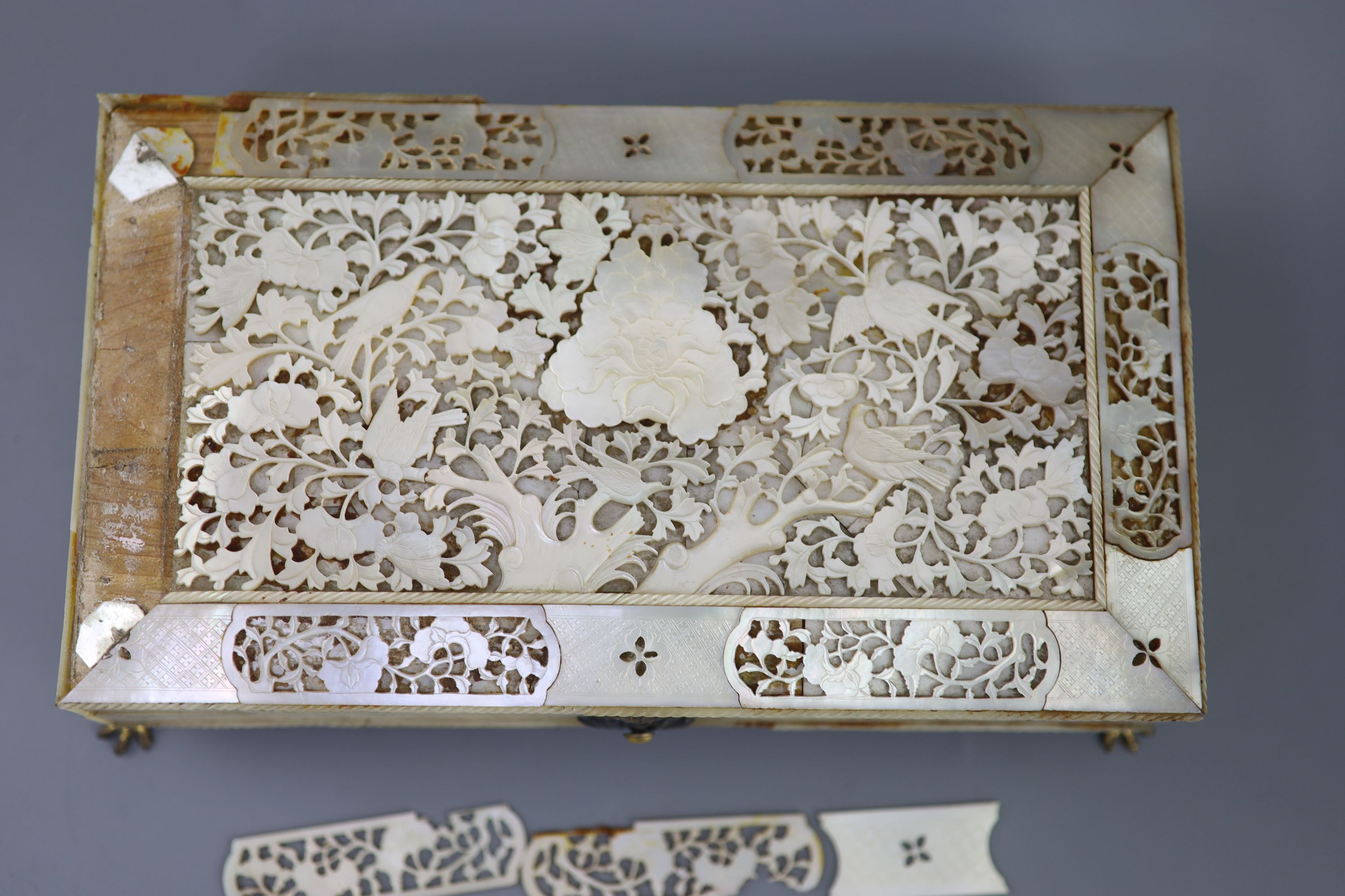 A Cantonese mother of pearl gaming box, mid 19th century, 27cm wide, sections detached